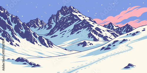 A serene snowy mountain landscape at dusk with pink clouds Vector