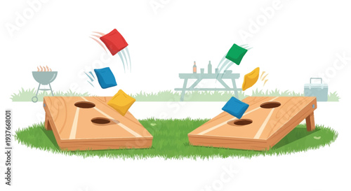 Cornhole game illustration bags flying towards wooden boards on green grass