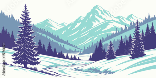 A serene winter landscape with snow covered mountains and trees Vector