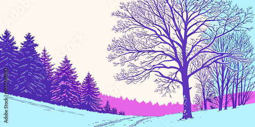 A pixelated winter scene with trees and snow Vector