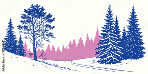 A blue and pink illustration of a snowy forest Vector