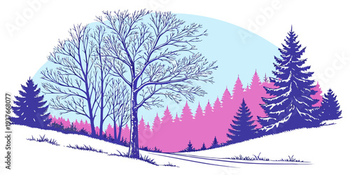 A pink and blue winter landscape with trees and snow Vector