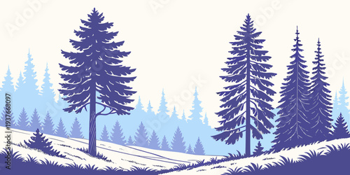 A serene winter landscape with pine trees Vector