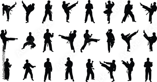 Karate martial arts silhouette collection, combat fighting poses vector illustration, taekwondo kick training athletes isolated self defense sport set