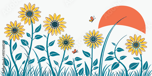 A field of sunflowers and a butterfly at sunset Vector