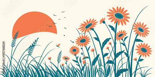 A field of flowers with the sun setting in the background Vector