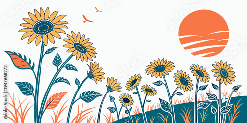 A field of sunflowers under a vibrant orange sun Vector