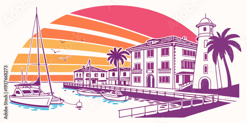 A purple and orange image of a beach resort at sunset Vector