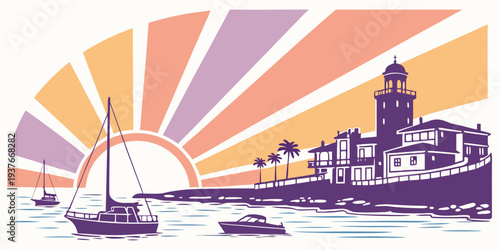 A purple and orange image of a lighthouse by the sea Vector