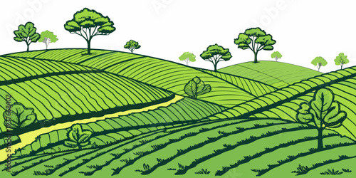 A green landscape with trees and a field Vector