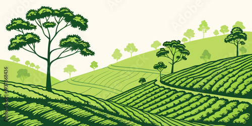 A serene green landscape with trees and rolling hills Vector