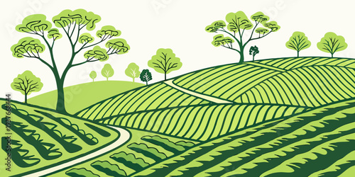 A green hillside with trees and rows of crops Vector