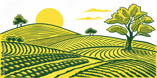 A yellow and green landscape with a sun and trees Vector