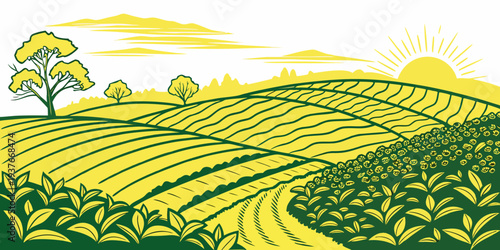A green and yellow image of a field with a tree and sun Vector