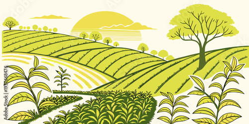 A green landscape with trees and rolling hills Vector