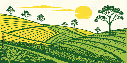 A serene landscape of green hills and trees under a sunny sky Vector