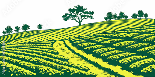 A green field with a tree on top of a hill Vector