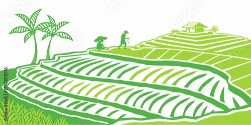 A green landscape with palm trees and terraced fields Vector