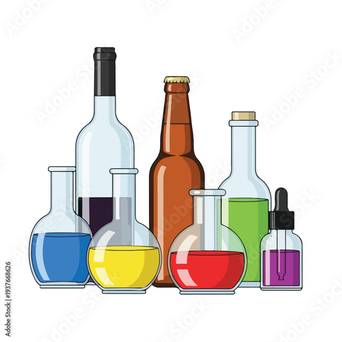 Colorful liquids in laboratory glassware on white background