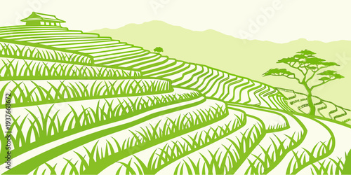 A green landscape with a tree and a field Vector