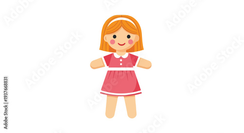 A cartoon illustration of a cheerful young girl doll wearing a pink dress standing against a clean white background with a joyful atmosphere and many people often associate with childhood.