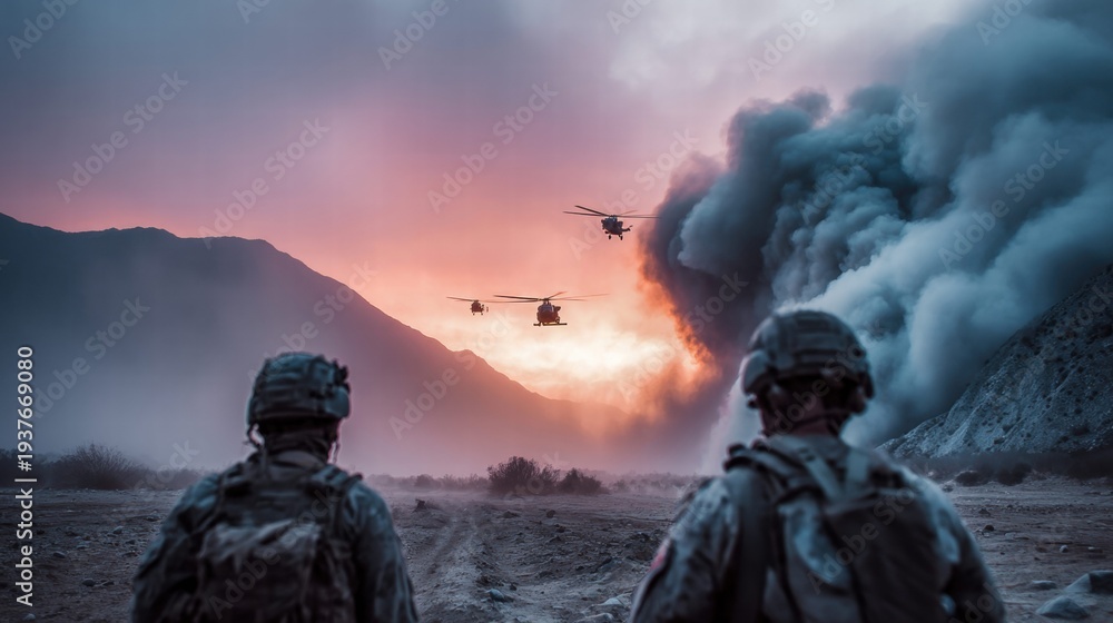 Obraz premium Soldiers observe helicopters during a military operation at sunset.