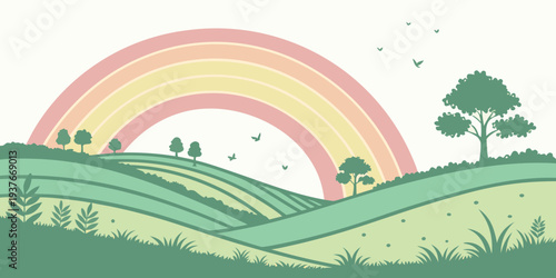 A colorful rainbow appears in the sky over rolling green hills Vector