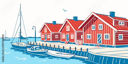 A colorful illustration of a harbor with red houses Vector