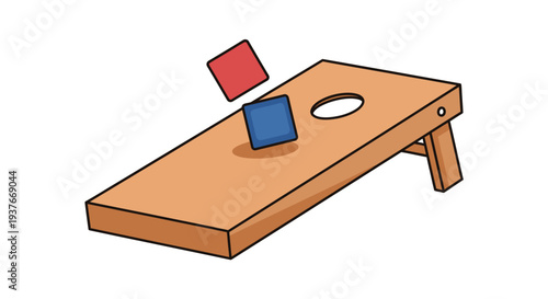 Cornhole board illustration with tossed bean bags game and activity concept