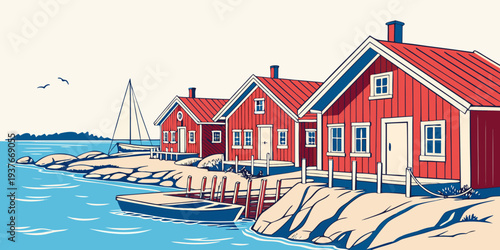 A row of red houses on a dock by the water Vector