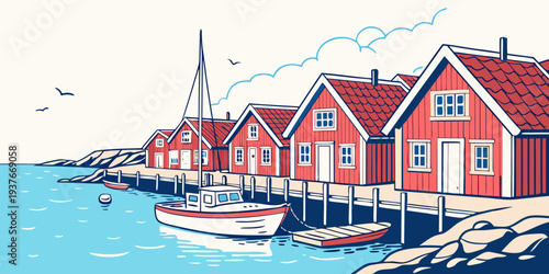 A row of red houses on the water with boats docked Vector