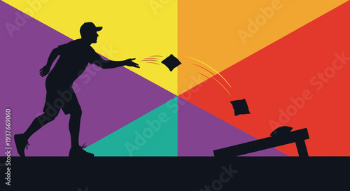 Silhouette of a person playing cornhole with a colorful geometric background