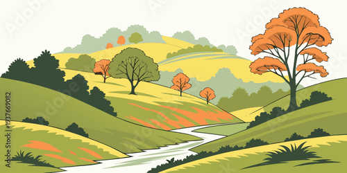 A serene landscape with a stream running through it Vector