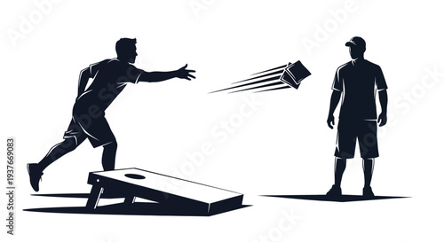 Silhouetted cornhole game illustration players throwing bags on white background