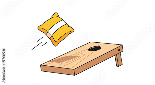 Cornhole game illustration a yellow bean bag in flight towards a wooden board