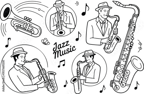 Minimal Black Outline Jazz Saxophone Player Silhouette with Microphone Vector Illustration Isolated on White