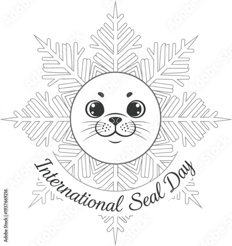 Cute Seal Face with Snowflake Outline for International Seal Day Awareness Poster or Card