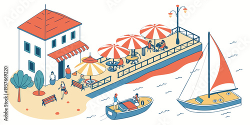 A colorful illustration of a beachside resort with a large boat and a sailboat Vector