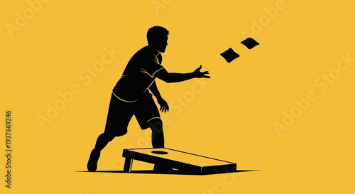 Silhouette of a person playing cornhole vector graphic yellow background