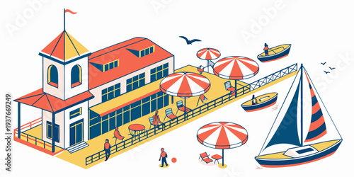 A colorful beach scene with a building and sailboat Vector