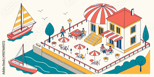 A colorful cartoon image of a beachside restaurant Vector