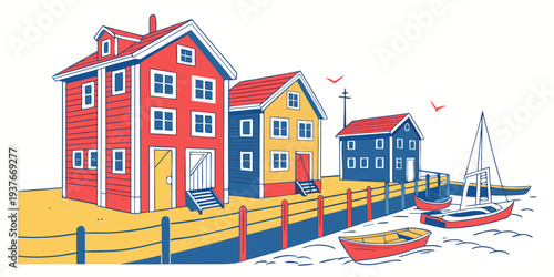 A colorful illustration of houses by the sea Vector