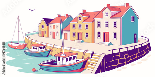 A colorful illustration of a seaside town with boats Vector