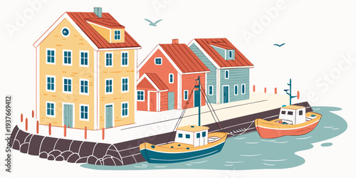 A colorful illustration of a harbor with buildings and boats Vector