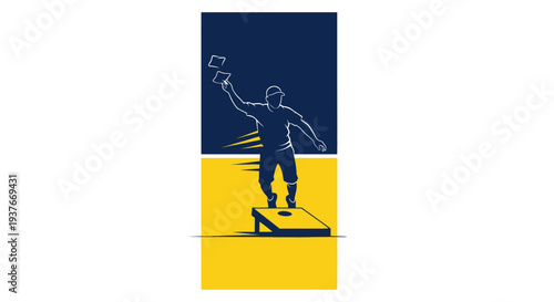 Cornhole player silhouette with bean bags and board against blue and gold
