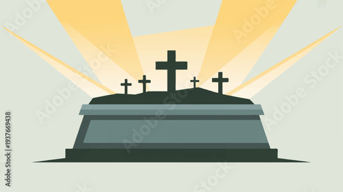 Cemetery scene with crosses on graves at sunrise or sunset symbolizing mourning and remembrance in a serene landscape