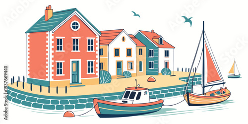 A colorful illustration of a seaside village with boats and buildings Vector
