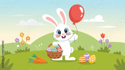 Happy easter bunny holding red balloon standing in green field with colorful flowers basket carrots and eggs on sunny day