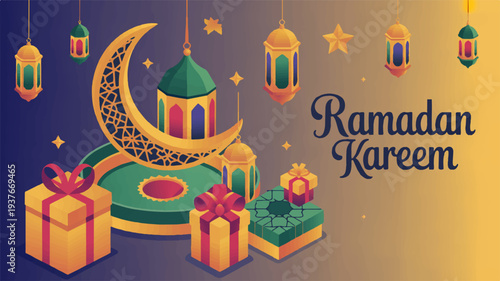 Ramadan kareem greeting card with mosque crescent moon lanterns and gifts on a colorful background