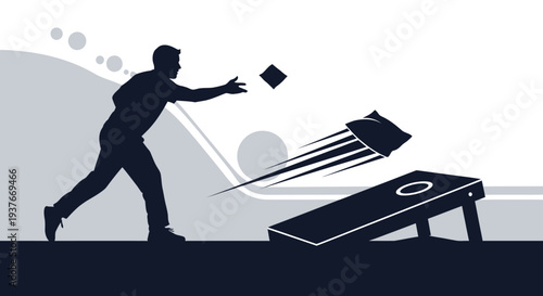 Silhouette of a person throwing a bag at a cornhole board competition concept
